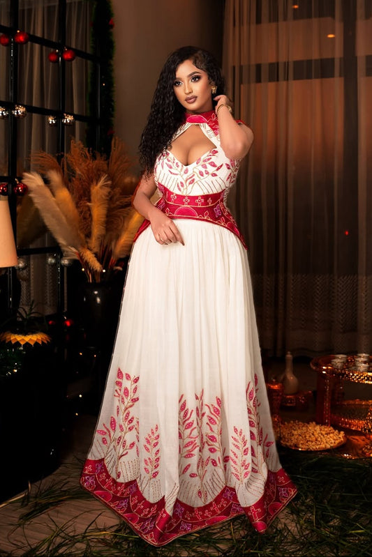 Classic Deep V-neck Red Habesha Dress