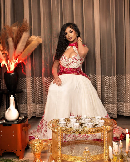 Classic Deep V-neck Red Habesha Dress: with Floral Handmade Details Ethiopian Clothing Modern Habesha Kemis