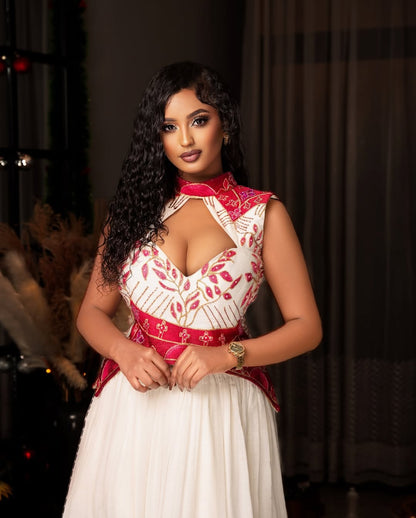 Classic Deep V-neck Red Habesha Dress: with Floral Handmade Details Ethiopian Clothing Modern Habesha Kemis