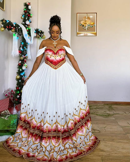 Divine Look with Dark Red Habesha Dress: Heart Shaped Neckline Traditional Ethiopian Dress Modern Detailing Habesha Kemis