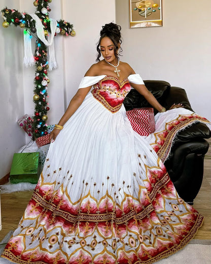 Divine Look with Dark Red Habesha Dress: Heart Shaped Neckline Traditional Ethiopian Dress Modern Detailing Habesha Kemis