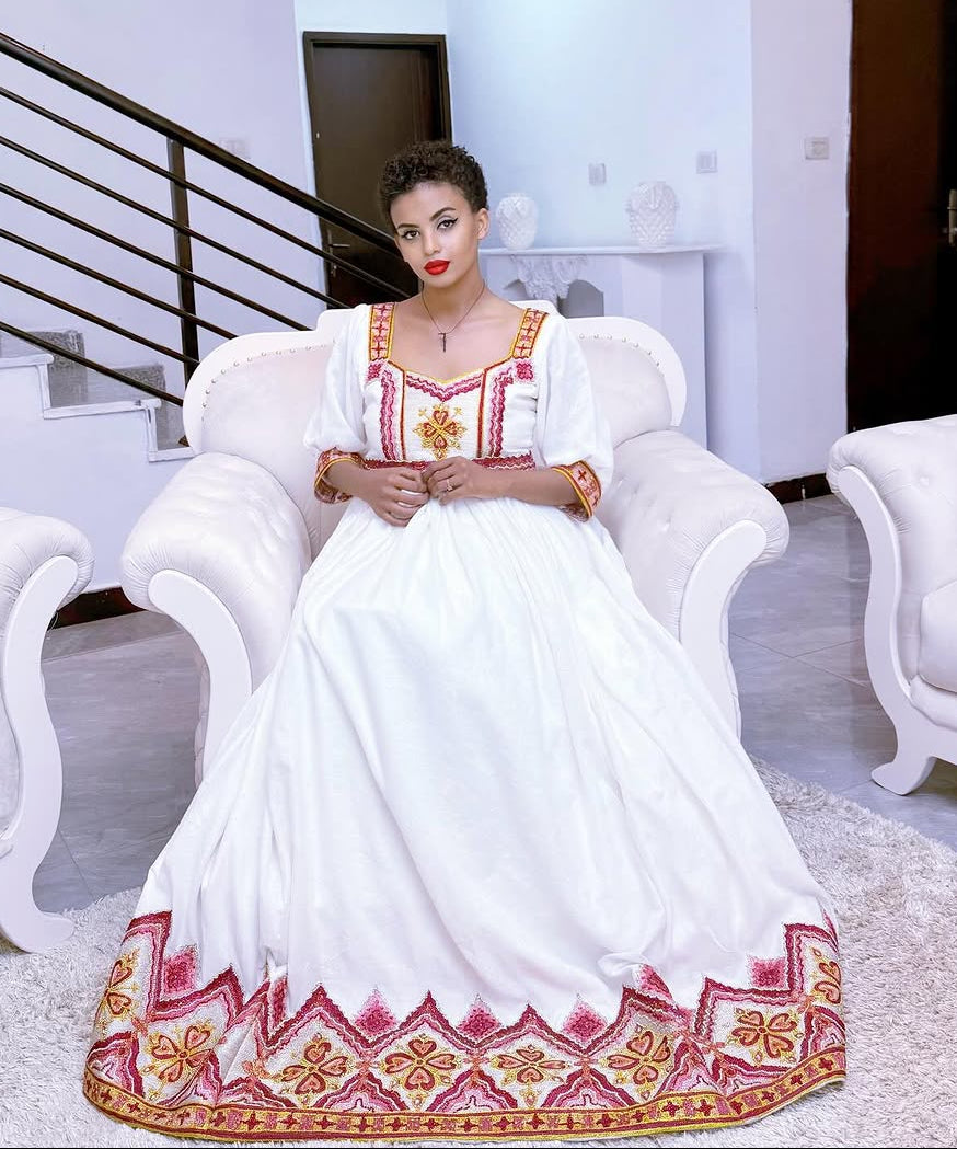 Eternal Beauty with Red Traditional Ethiopian Dress