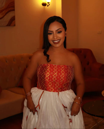 Contemporary Strapless Red Habesha Dress: with Simple Handknitted Embroidery Traditional Ethiopian Dress Modern Habesha Kemis