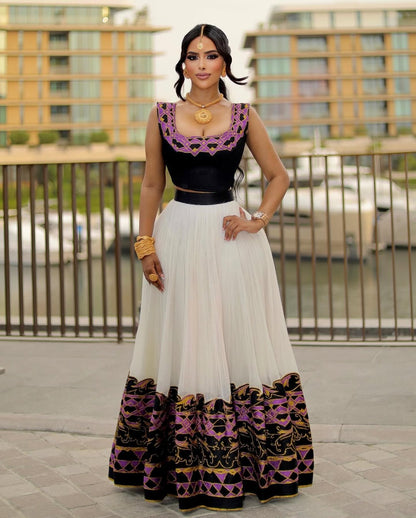 Dashing Dark Top and Skirt Set Habesha Dress: with Purple and Golden Embroidery Traditional Ethiopian Dress Pretty Habesha Kemis