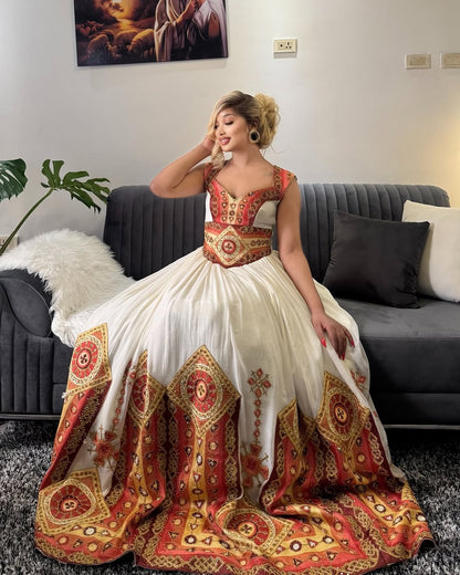 Flawless Red Ethiopian Wedding Dress: Golden Handstitched Embroidery Habesha Dress Sophisticated Ethiopian Clothing