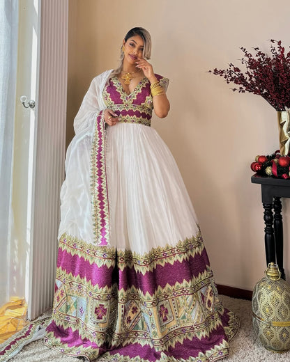 Fashionable Purple and Gray Traditional Ethiopian Dress