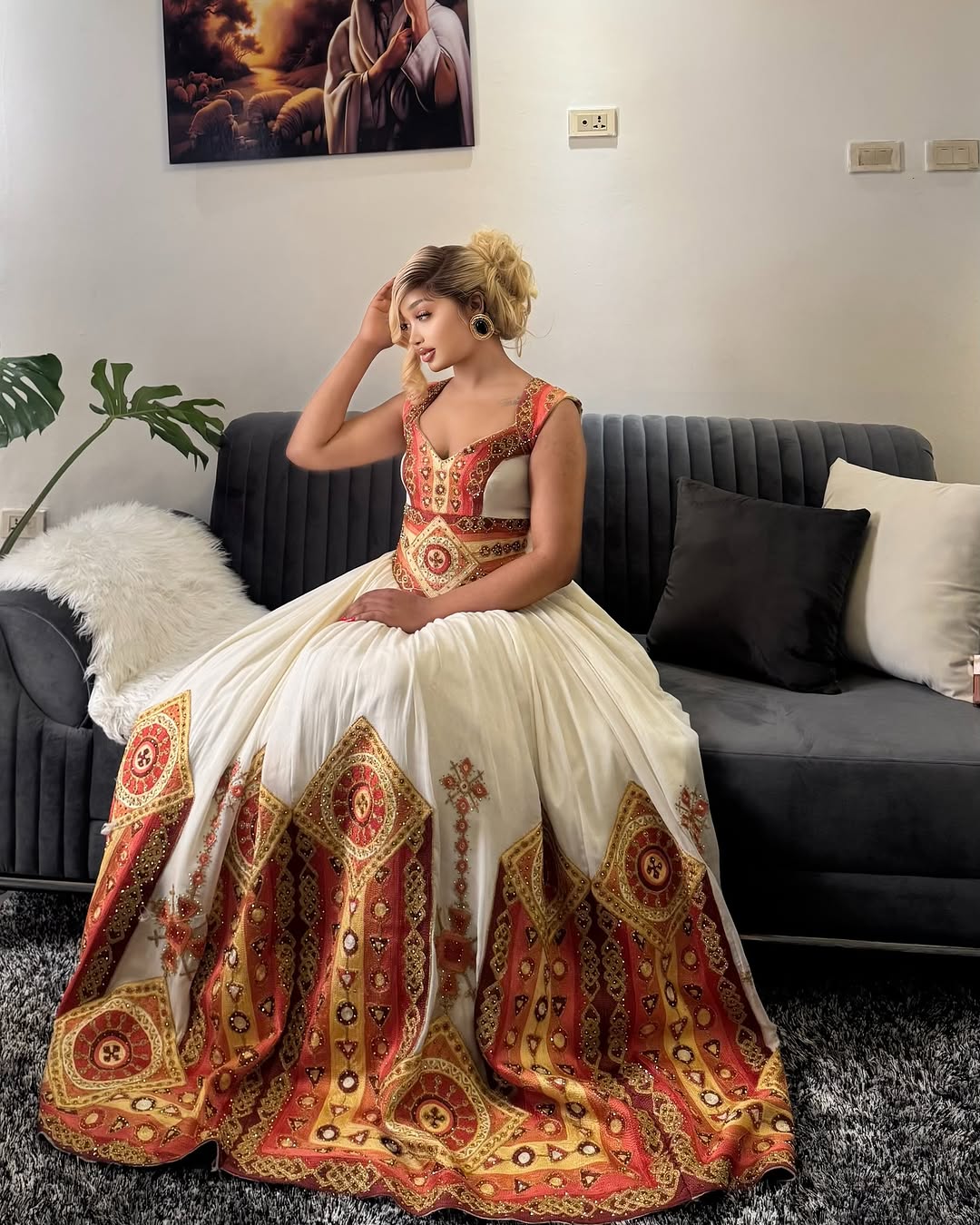 Flawless Red Ethiopian Wedding Dress: Golden Handstitched Embroidery Habesha Dress Sophisticated Ethiopian Clothing