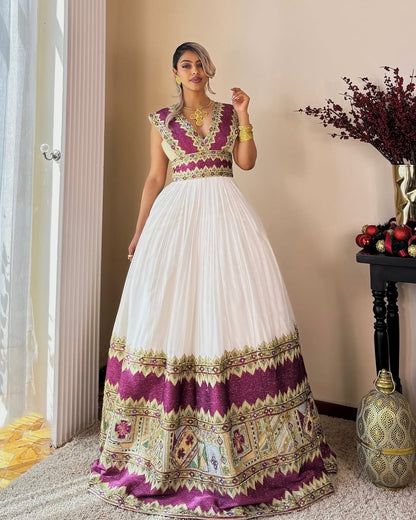 Fashionable Purple and Gray Traditional Ethiopian Dress: Wider Hemline Habesha Dress Elegantly Flowy Habesha Kemis
