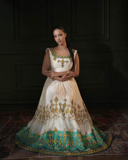 Alluring Green Traditional Ethiopian Dress: with Lower Back Habesha Dress Tailored for Big Events Habesha Kemis
