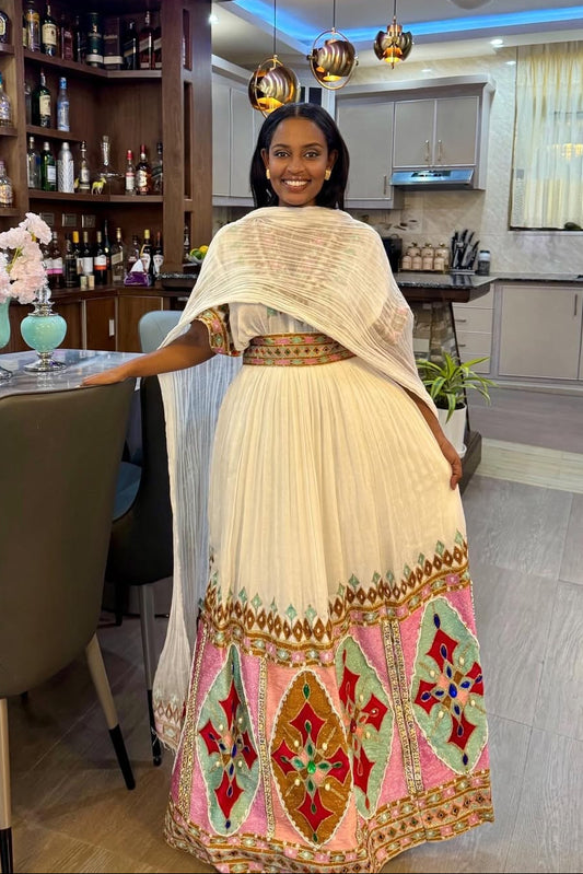 Multicolored Beauty on Traditional Ethiopian Dress: Beautiful Bead Work on Habesha Dress Handmade Ethiopian Clothing