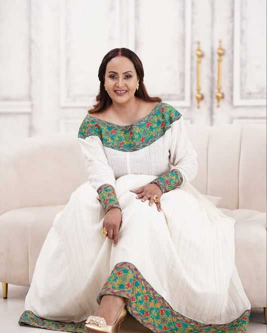 Dazzling Green Habesha Dress: Red Handmade Embellishments Traditional Ethiopian Dress Radiant Eritrean Dress