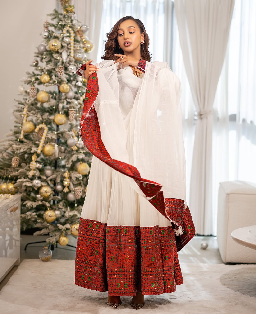 Luxurious Dark Red Traditional Ethiopian Dress: with Black and Green Embellishments Habesha Clothing Cultural Look Habesha Dress