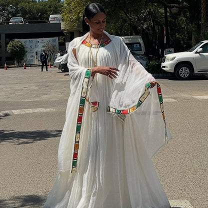 Beautiful Vintage White Habesha Dress: with Thin Handmade Embroidery Traditional Ethiopian Dress Flowy Cultural Dress Ethiopian Clothing