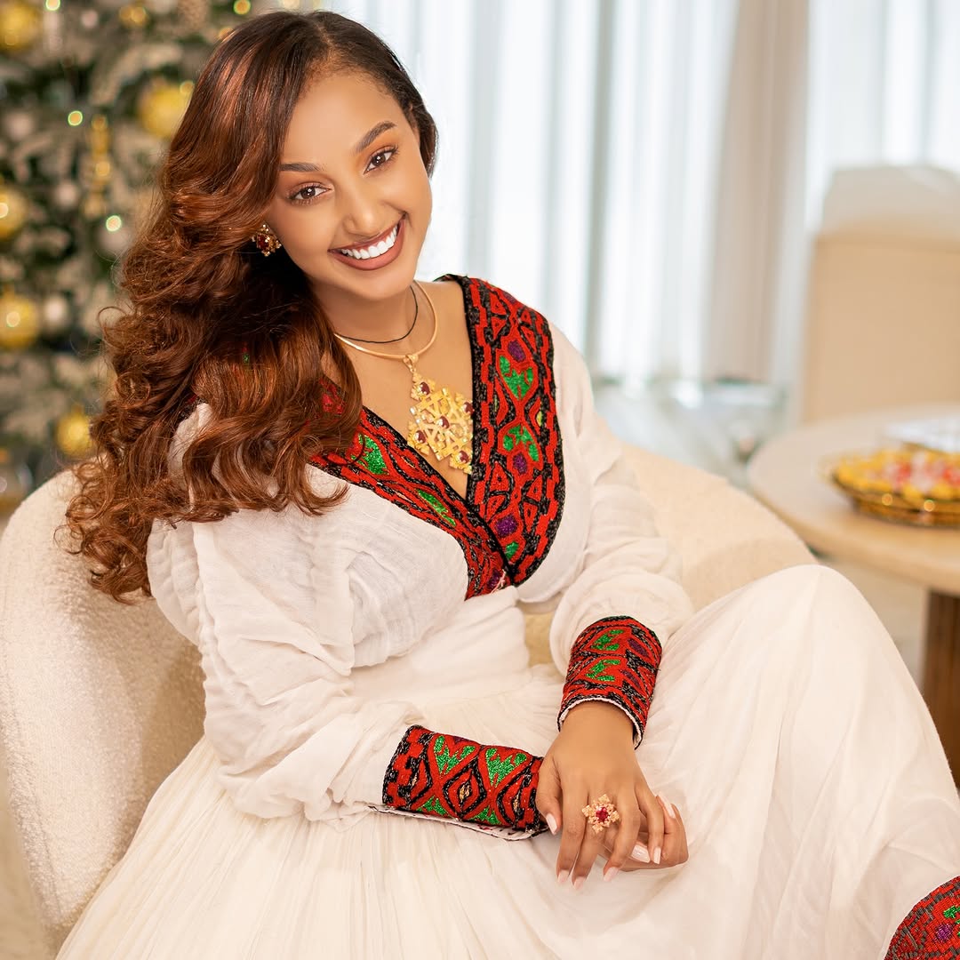 Luxurious Dark Red Traditional Ethiopian Dress: with Black and Green Embellishments Habesha Clothing Cultural Look Habesha Dress