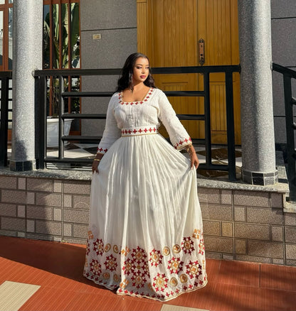 Lovely Red and Golden Ethiopian Dress: Round Cross Handcrafted Embroidery Traditional Ethiopian Dress Chic Ethiopian Clothing
