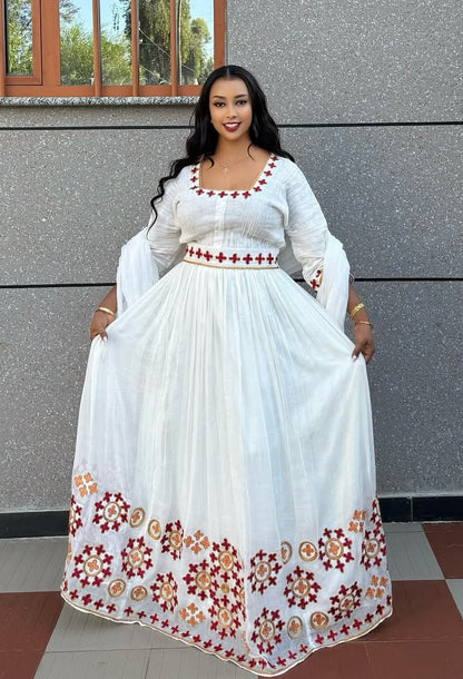 Lovely Red and Golden Ethiopian Dress: Round Cross Handcrafted Embroidery Traditional Ethiopian Dress Chic Ethiopian Clothing