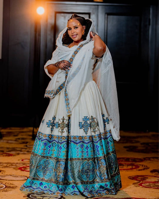 Regal Blue Traditional Ethiopian Wedding Dress