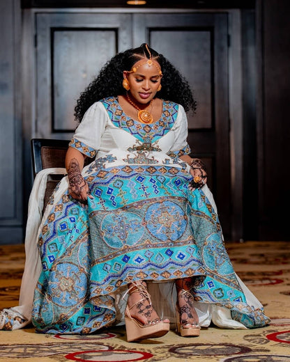 Regal Blue Traditional Ethiopian Wedding Dress: Handmade Magical Habesha Wedding Gown