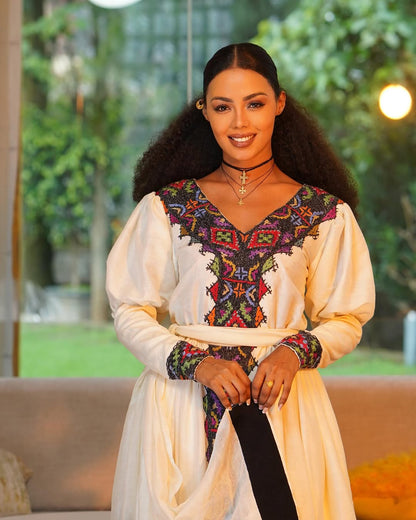 Simple Look with Dark Traditional Ethiopian Dress: Colorful Handwoven Patterns on Habesha Cloth for Cultural and Religious Events Eritrean Dress