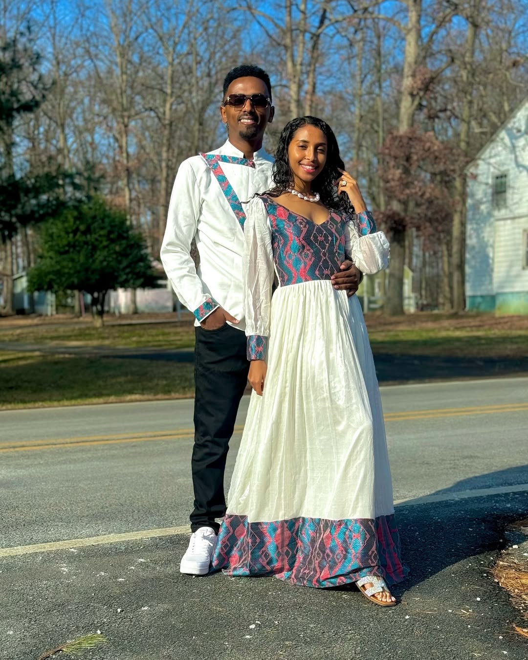 Gorgeous Blue and Red Matching Ethiopian Couples Outfit