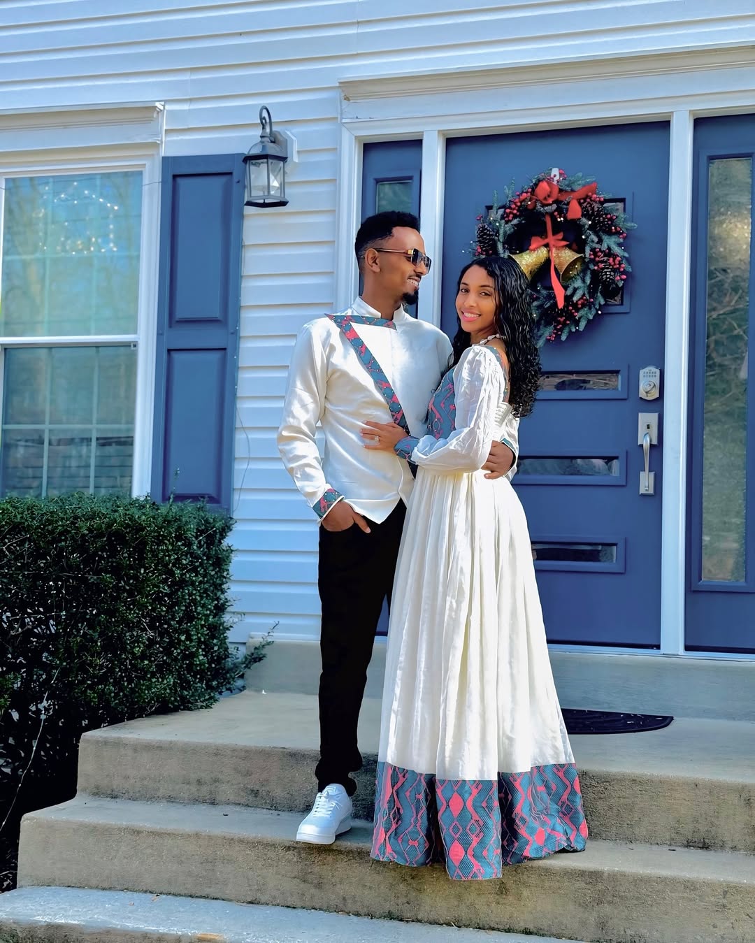 Gorgeous Blue and Red Matching Ethiopian Couples Outfit: Simple Design on Habesha Wedding Couples Outfits