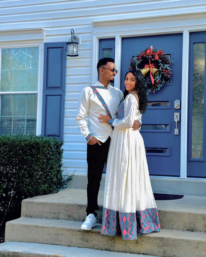 Gorgeous Blue and Red Matching Ethiopian Couples Outfit: Simple Design on Habesha Wedding Couples Outfits