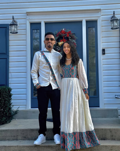 Gorgeous Blue and Red Matching Ethiopian Couples Outfit: Simple Design on Habesha Wedding Couples Outfits