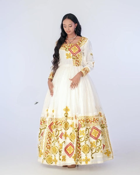 Fashionable Yellowish Golden Habesha Wedding Dress: with Red Ornaments Traditional Dress Elegance in Ethiopian Wedding Dress