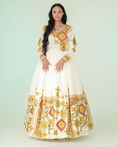 Fashionable Yellowish Golden Habesha Wedding Dress: with Red Ornaments Traditional Dress Elegance in Ethiopian Wedding Dress