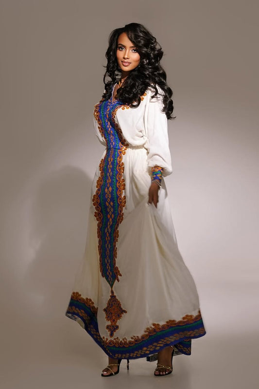 Appealing Blue Traditional Ethiopian Dress: with Golden Detailing Habesha Cloth for Huge Celebrations Eritrean Dress