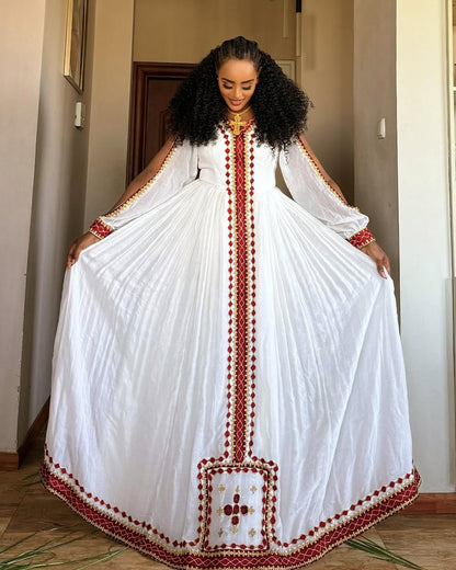 Excellent Embroidery Work on Red Habesha Dress: Open Sleeves Ethiopian Dress Diamond Shaped Embellishment on Traditional Ethiopian Clothing