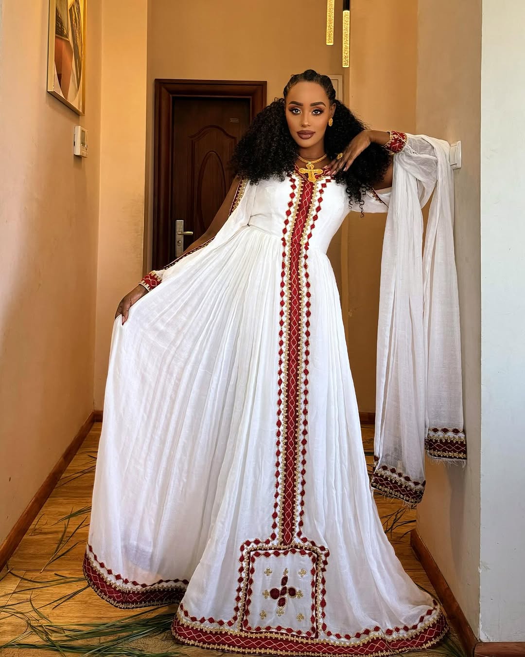 Excellent Embroidery Work on Red Habesha Dress