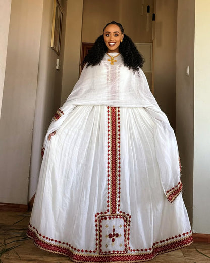 Excellent Embroidery Work on Red Habesha Dress: Open Sleeves Ethiopian Dress Diamond Shaped Embellishment on Traditional Ethiopian Clothing