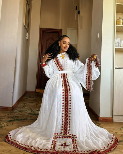 Excellent Embroidery Work on Red Habesha Dress: Open Sleeves Ethiopian Dress Diamond Shaped Embellishment on Traditional Ethiopian Clothing