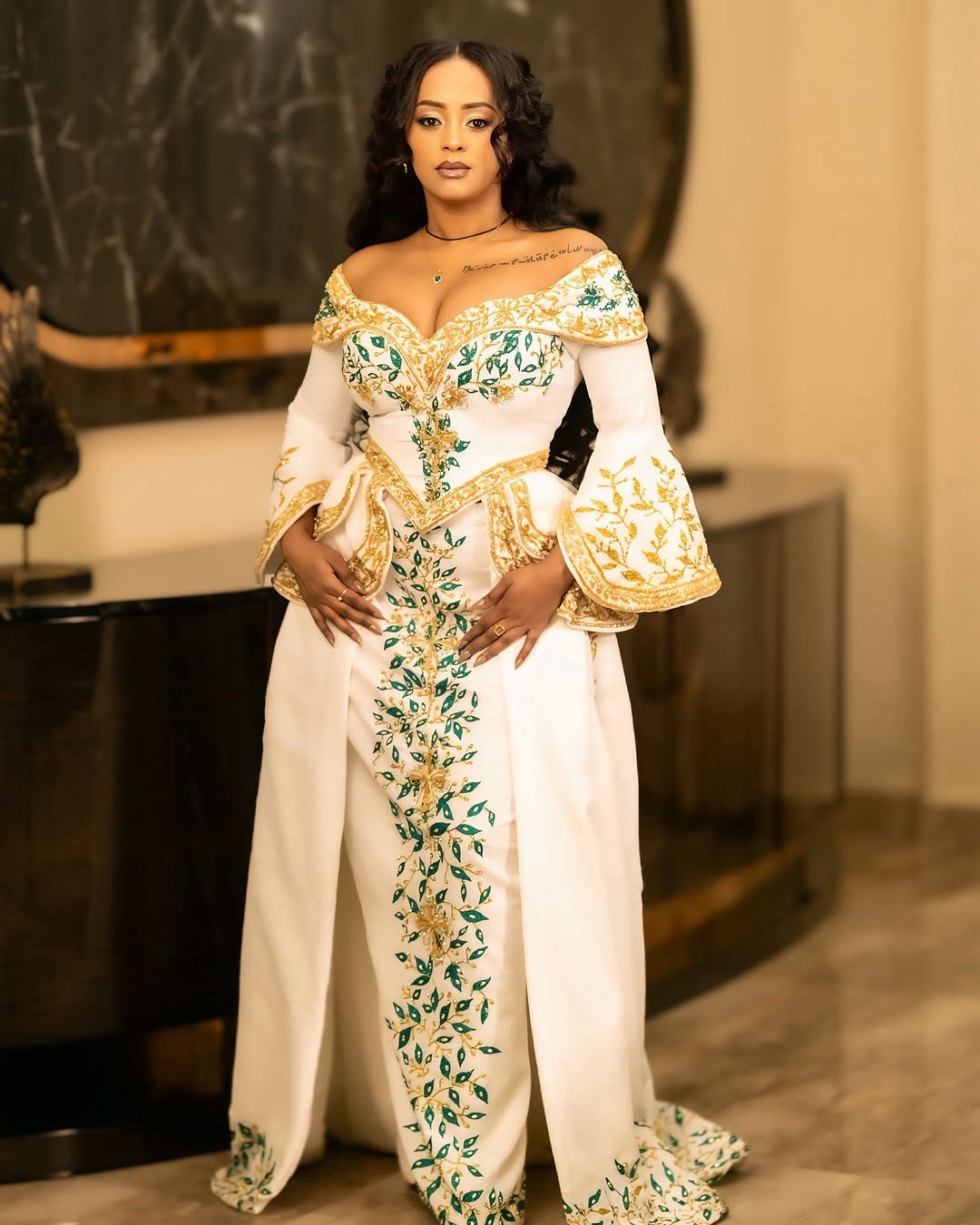 Radical Flowery Green Ethiopian Dress: Off Shouldered Traditional Dress with Golden Shimmering Details Ethiopian Wedding Dress