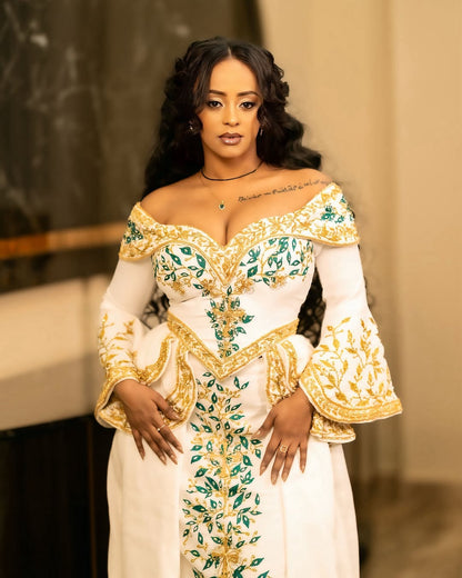 Radical Flowery Green Ethiopian Dress: Off Shouldered Traditional Dress with Golden Shimmering Details Ethiopian Wedding Dress