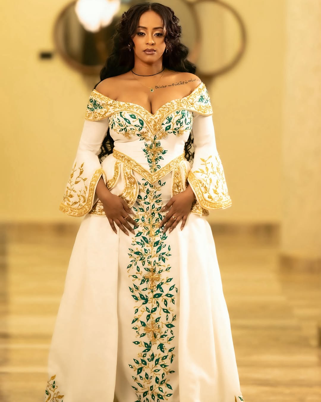 Radical Flowery Green Ethiopian Dress: Off Shouldered Traditional Dress with Golden Shimmering Details Ethiopian Wedding Dress