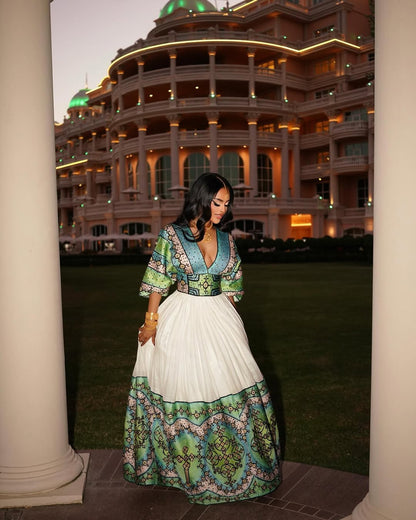 Chic Blue and Green Habesha Wedding Dress: Modern Take on Traditional Ethiopian Wedding Gown Beautiful Habesha Dress