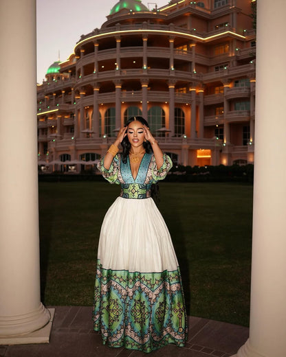 Chic Blue and Green Habesha Wedding Dress