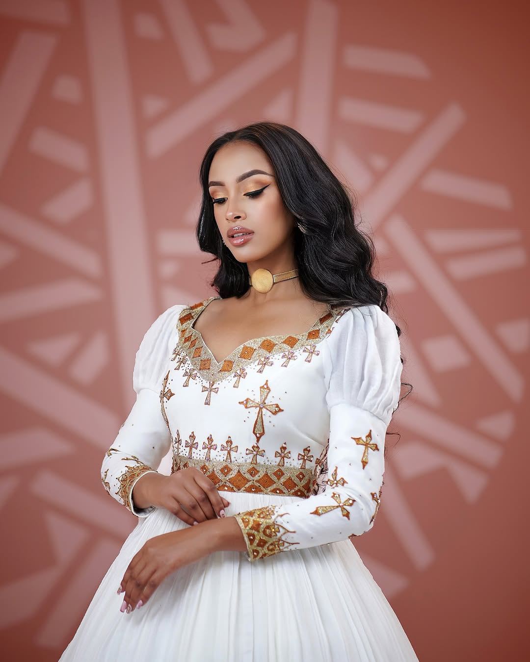 Graceful Golden Traditional Ethiopian Dress: Red Cross Beaded Eritrean Dress Modern Dress for Your Next Event Habesha Clothing