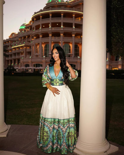 Chic Blue and Green Habesha Wedding Dress: Modern Take on Traditional Ethiopian Wedding Gown Beautiful Habesha Dress