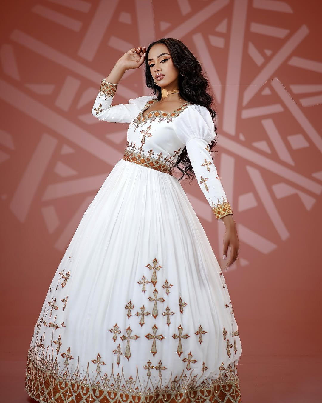 Graceful Golden Traditional Ethiopian Dress: Red Cross Beaded Eritrean Dress Modern Dress for Your Next Event Habesha Clothing