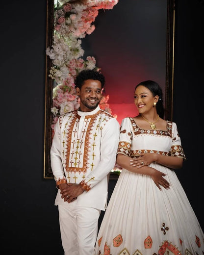 Vibrant Colored Traditional Ethiopian Couples Outfit: Beautiful Geometric Patterns Habesha Couples Attire