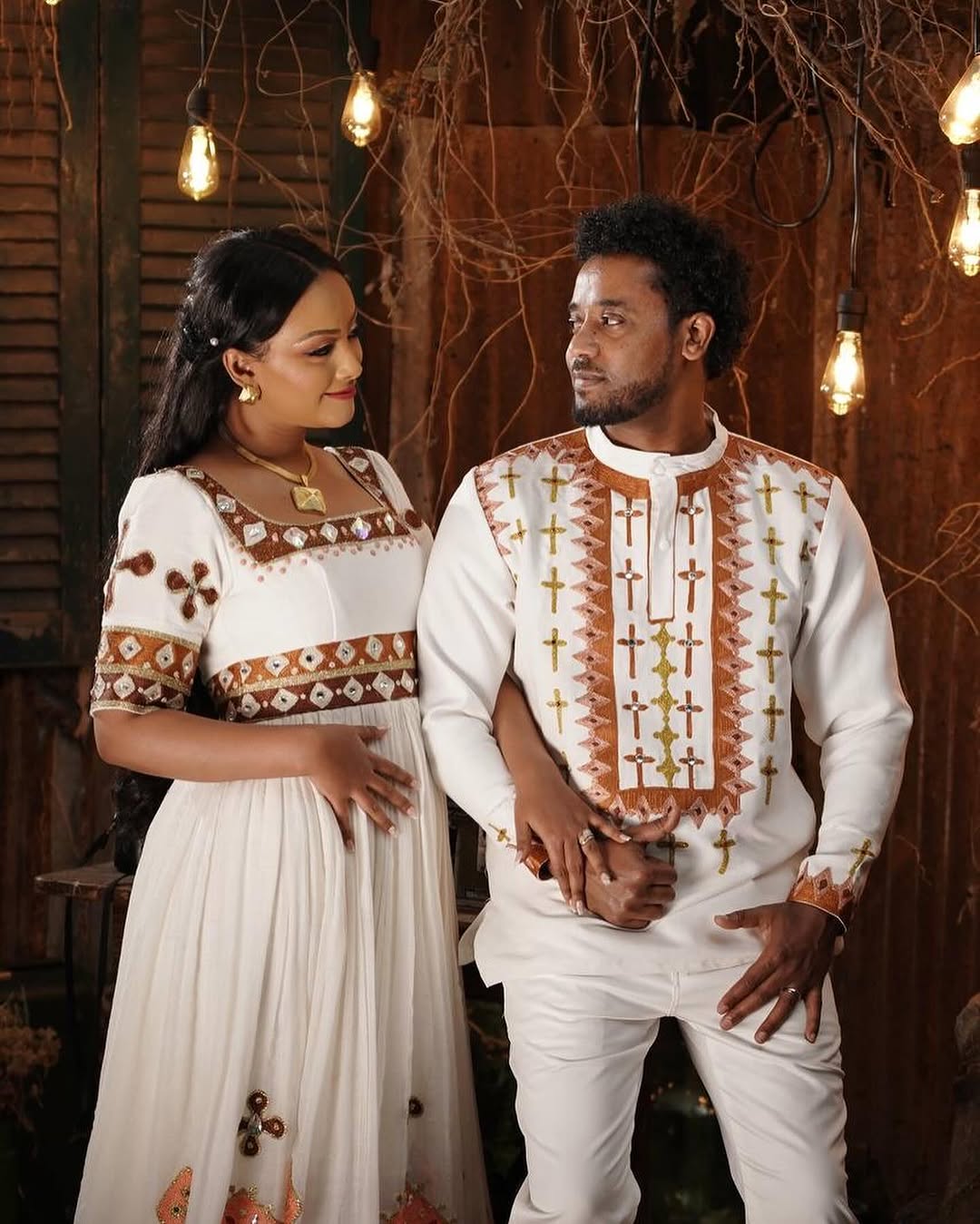 Vibrant Colored Traditional Ethiopian Couples Outfit: Beautiful Geometric Patterns Habesha Couples Attire