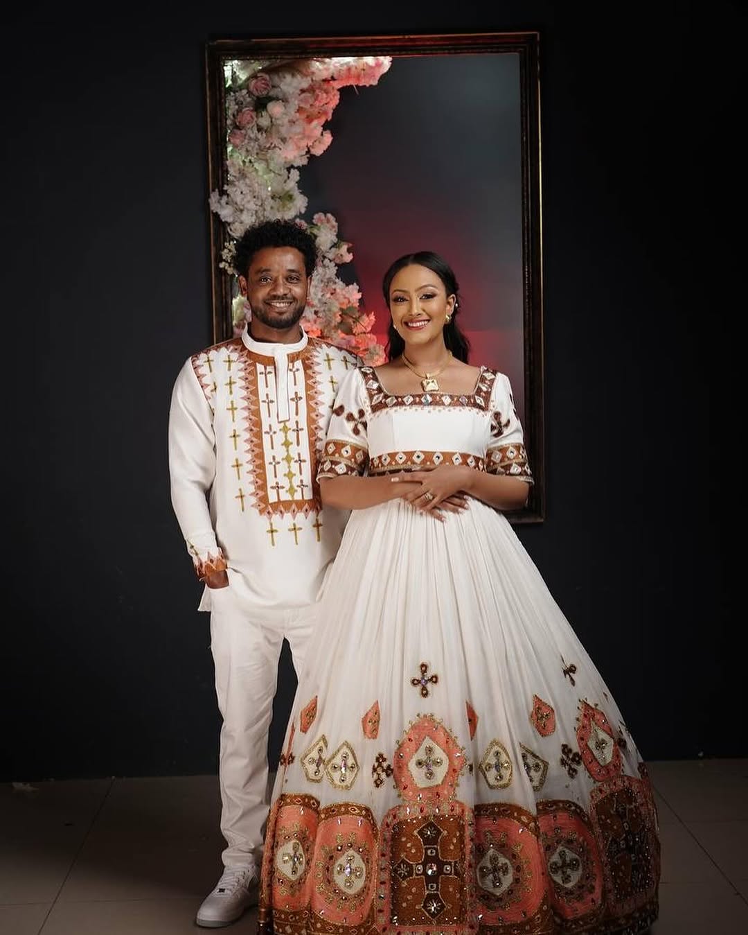 Vibrant Colored Traditional Ethiopian Couples Outfit: Beautiful Geometric Patterns Habesha Couples Attire