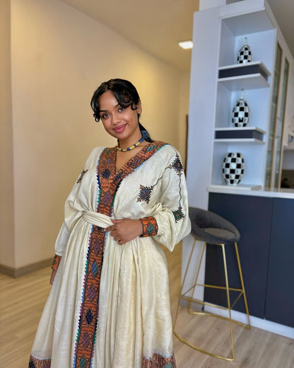 Glamourous Multicolored Ethiopian Dress: Cultural Handstitched Habesha Clothing for Big and Small Events Traditional Dress