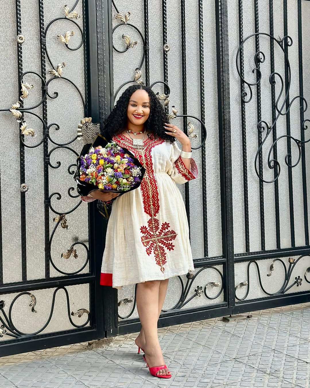 Stylish Red Mini Traditional Ethiopian Dress: with Matching Pants and Rhinestones Habesha Clothing Culture-inspired Habeha Dress