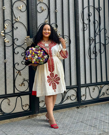 Stylish Red Mini Traditional Ethiopian Dress: with Matching Pants and Rhinestones Habesha Clothing Culture-inspired Habeha Dress