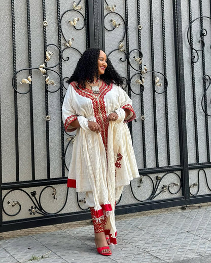 Stylish Red Mini Traditional Ethiopian Dress: with Matching Pants and Rhinestones Habesha Clothing Culture-inspired Habeha Dress