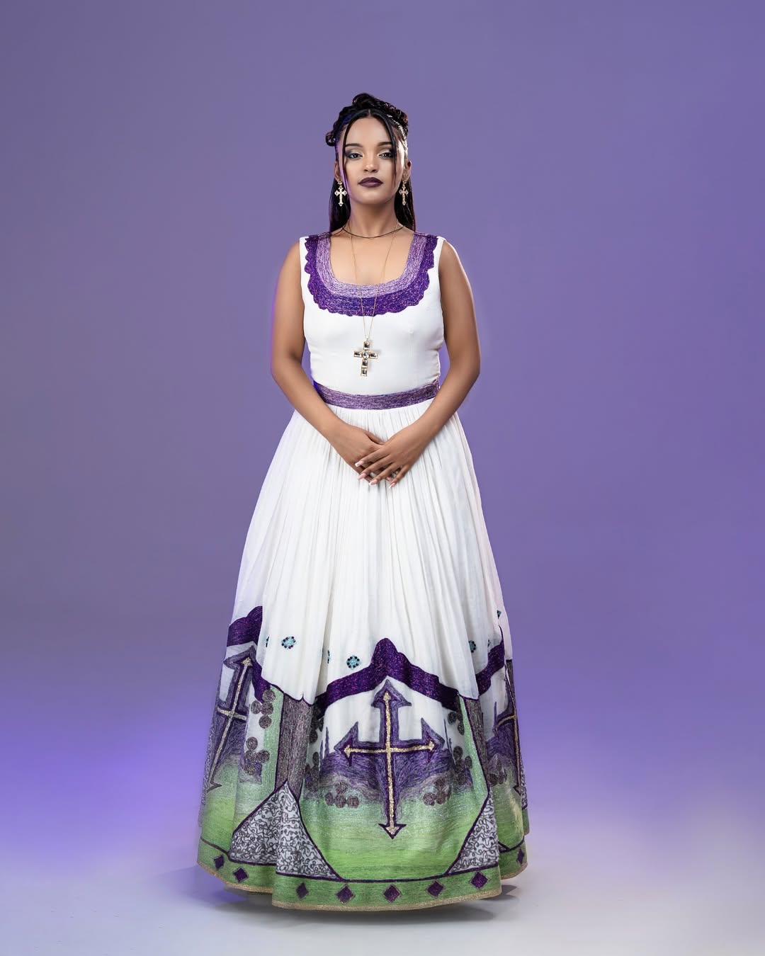 Igniting Beauty with Purple Ethiopian Clothing: Handcrafted Colorful Geometric Embroidery on Traditional Dress Modern Habesha Cloth